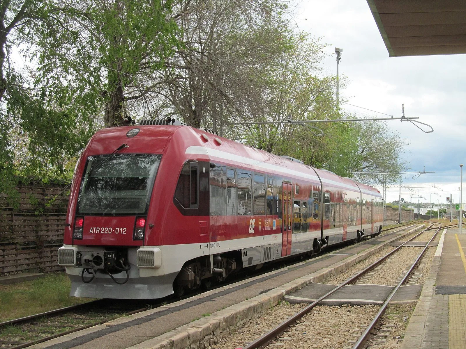 Treno regionale rosso e bianco delle Ferrovie del Sud Est fermo al binario di una stazione pugliese, con alberi e pensilina
